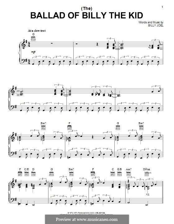 (The) Ballad of Billy the Kid: Para vocais e piano (ou Guitarra) by Billy Joel