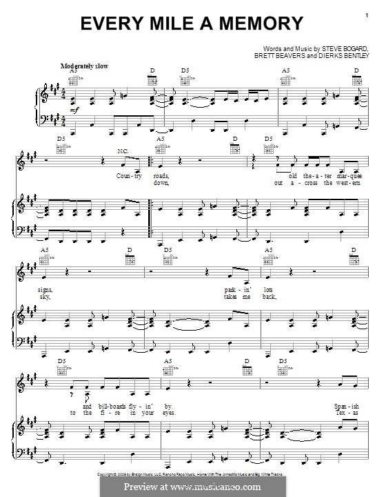 Every Mile a Memory (Dierks Bentley): Para vocais e piano (ou Guitarra) by Brett Beavers, Steve Bogard