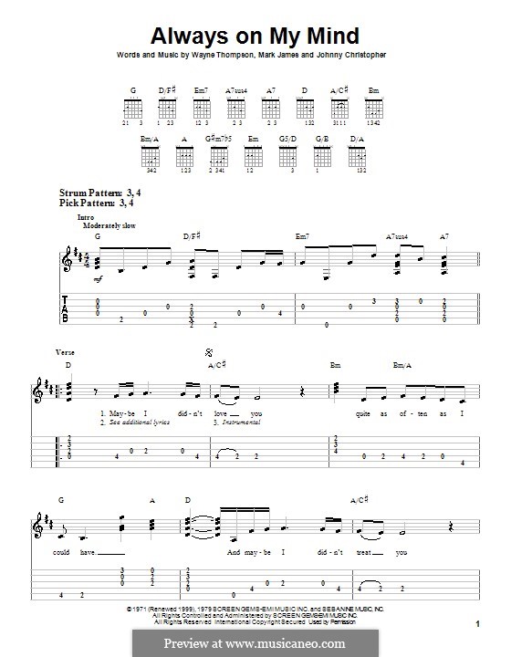 Always on My Mind: Easy guitar tab (Willie Nelson) by Johnny Christopher, Mark James, Wayne Carson Thompson