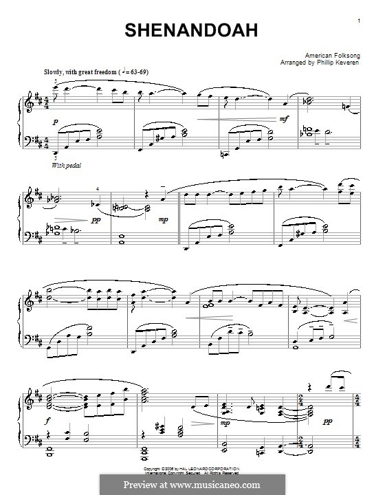 Oh Shenendoah (Shenandoah) Printable Scores: Para Piano by folklore