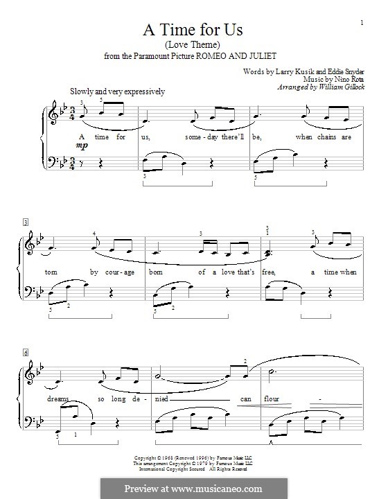 A Time for Us (Love Theme from Romeo and Juliet): Para Piano by Nino Rota