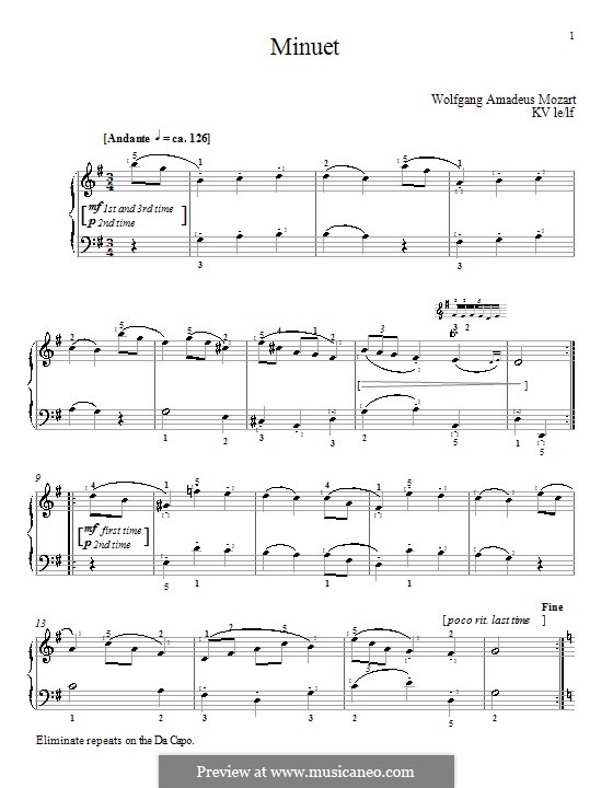 Minuet for Piano in G Major, K.1/1e: para dedilhado by Wolfgang Amadeus Mozart