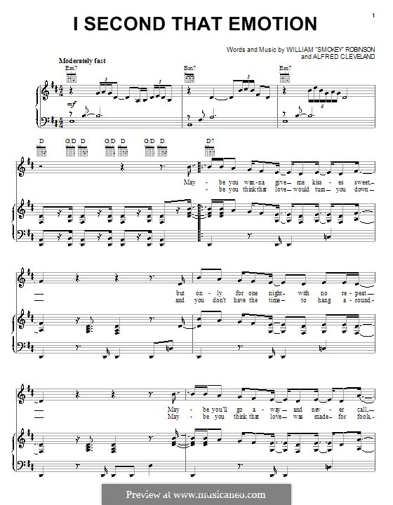 I Second That Emotion (Smokey Robinson & The Miracles): Para vocais e piano (ou Guitarra) by Al Cleveland, Smokey Robinson