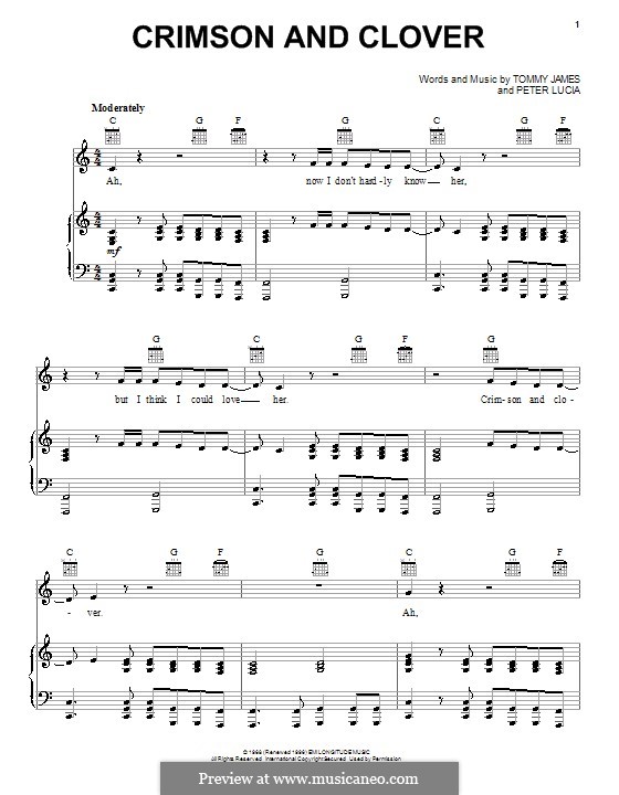 Crimson and Clover (Tommy James and The Shondells): Para vocais e piano (ou Guitarra) by Peter Lucia, Tommy Lee James
