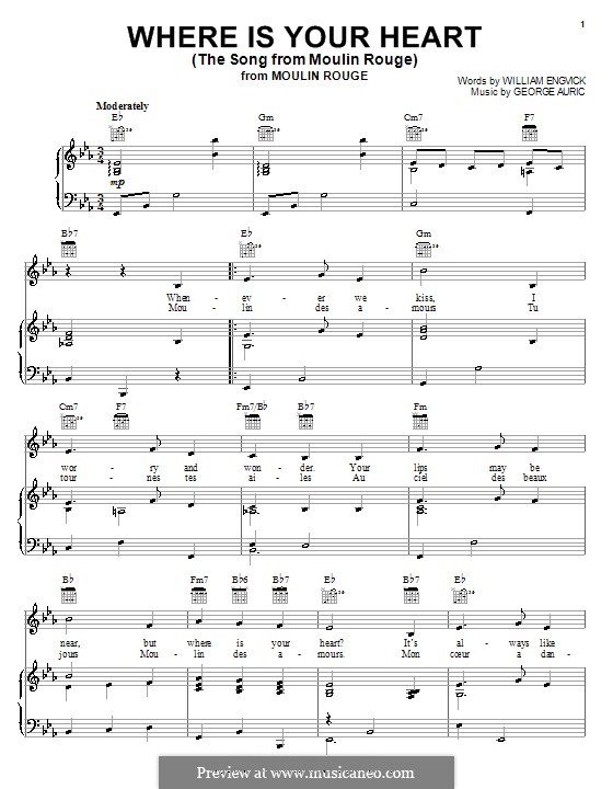 Where Is Your Heart (from Moulin Rouge): Para vocais e piano (ou Guitarra) by Georges Auric