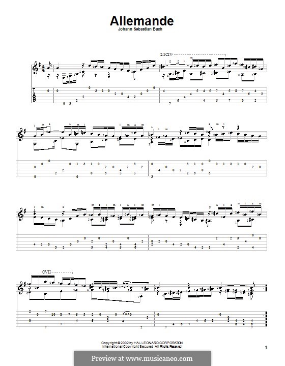 Suite for Lute (or Harpsichord) in E Minor, BWV 996: Allemande. Arrangement for guitar by Johann Sebastian Bach