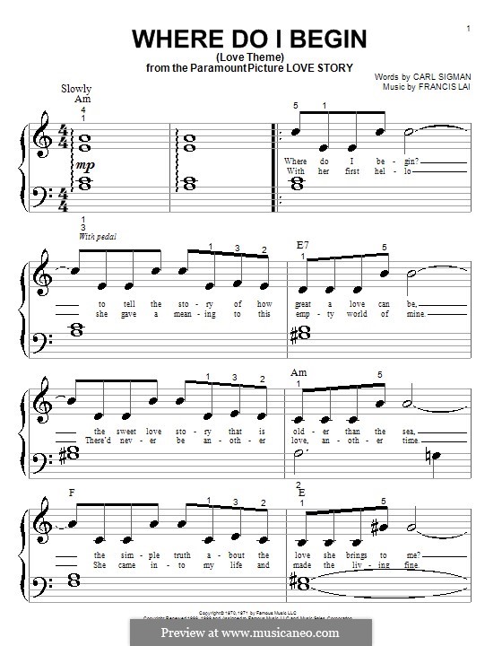 Where Do I Begin (Theme from Love Story): para piano (versão facil) by Francis Lai