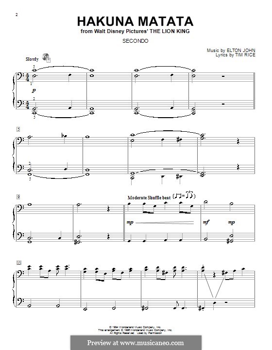 Hakuna Matata (from The Lion King): para piano de quadro mãos by Elton John