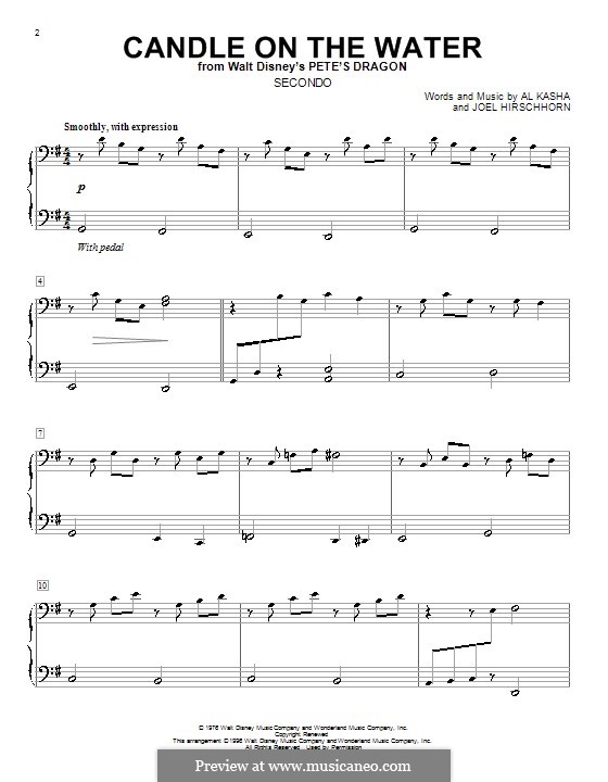 Candle on the Water (from Walt Disney's Pete's Dragon): para piano de quadro mãos by Al Kasha, Joel Hirschhorn
