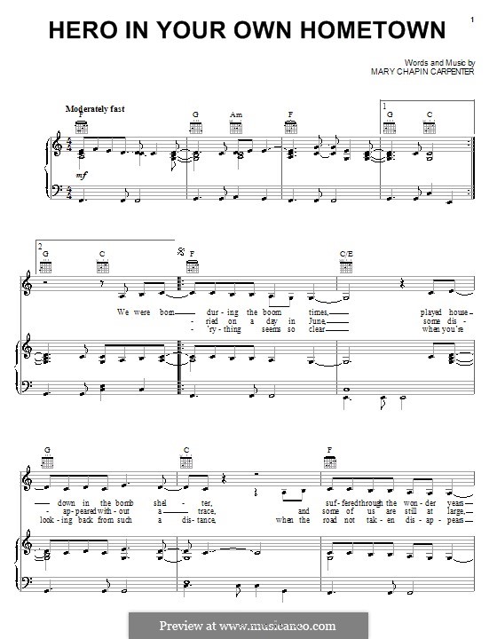 Hero in Your Own Hometown: Para vocais e piano (ou Guitarra) by Mary Chapin Carpenter