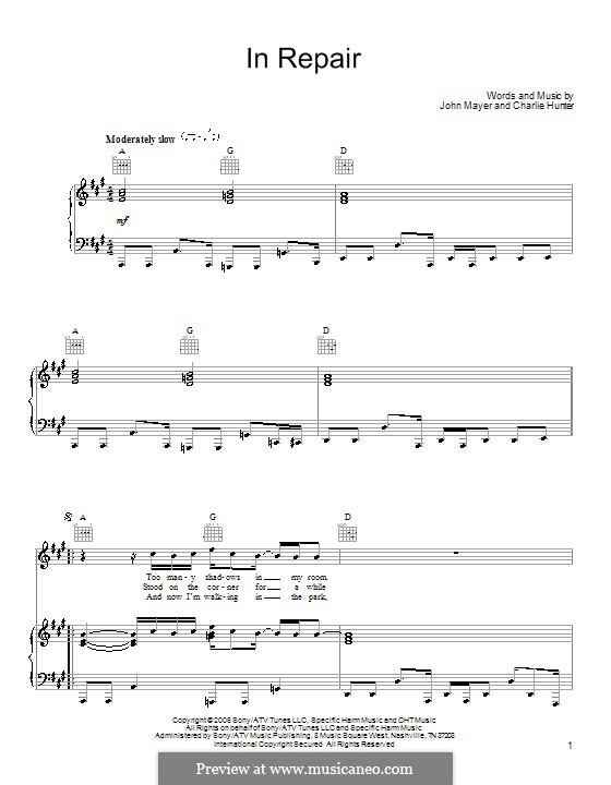 In Repair (John Mayer): Para vocais e piano (ou Guitarra) by Charles Hunter