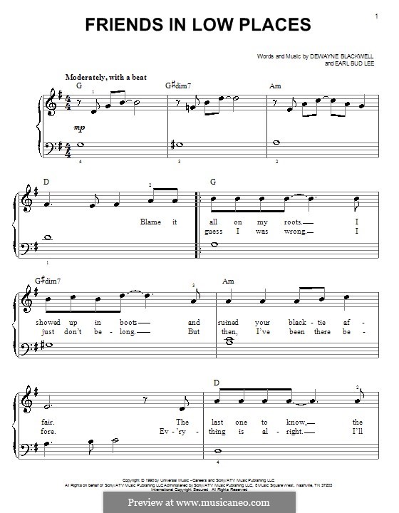 Friends in Low Places (Garth Brooks): Facil para o piano by Dewayne Blackwell, Earl Bud Lee