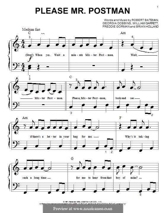 Please Mr. Postman: para piano (versão facil) by Brian Holland, Freddie Gorman, Georgia Dobbins, Robert Bateman, William Garrett