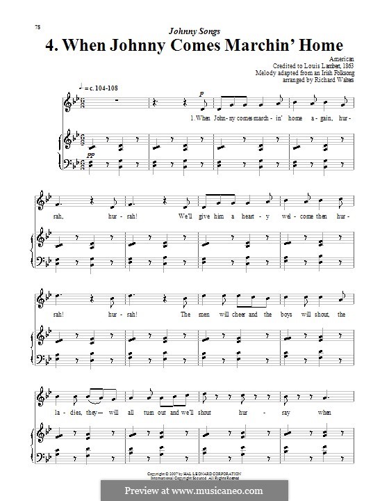 When Johnny Comes Marching Home: Para vocais e piano (ou Guitarra) by Patrick Sarsfield Gilmore
