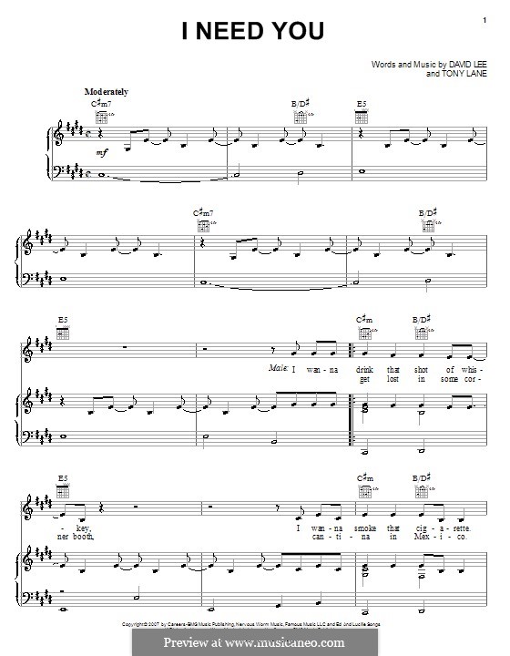 I Need You (Tim McGraw with Faith Hill): Para vocais e piano (ou Guitarra) by David Lee, Tony Lane