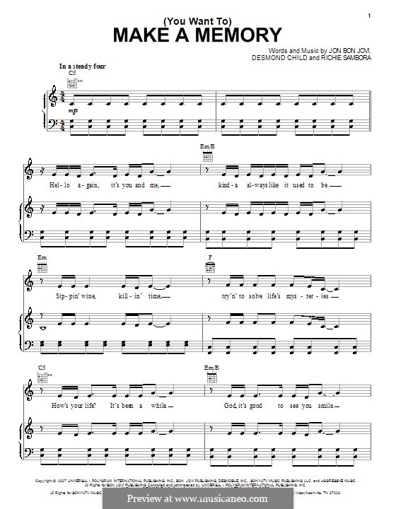 (You Want To) Make a Memory (Bon Jovi): Para vocais e piano (ou Guitarra) by Desmond Child, Jon Bon Jovi, Richie Sambora