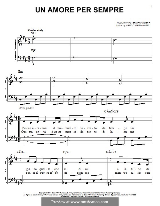 Un Amore Per Sempre (Josh Groban): Facil para o piano by Marco Marinangeli, Walter Afanasieff