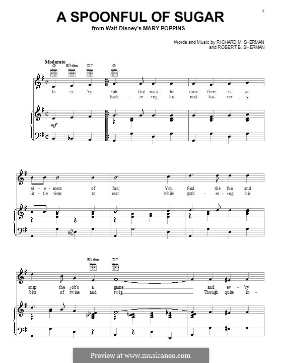 A Spoonful of Sugar (from Mary Poppins): Para vocais e piano (ou Guitarra) by Richard M. Sherman, Robert B. Sherman