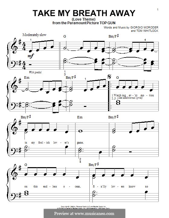 Take My Breath Away (Berlin): para piano (versão facil) by Giorgio Moroder