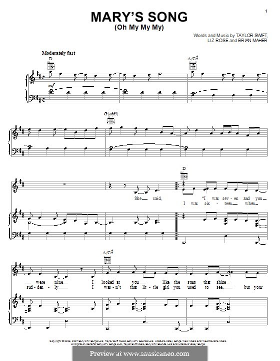 Mary's Song (Oh My My My): For voice and piano or guitar (Taylor Swift) by Brian Maher, Liz Rose