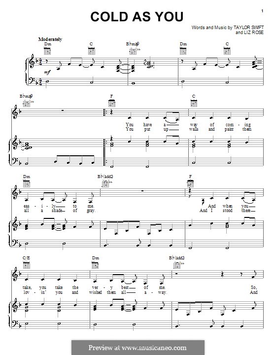 Cold as You (Taylor Swift): Para vocais e piano (ou Guitarra) by Liz Rose