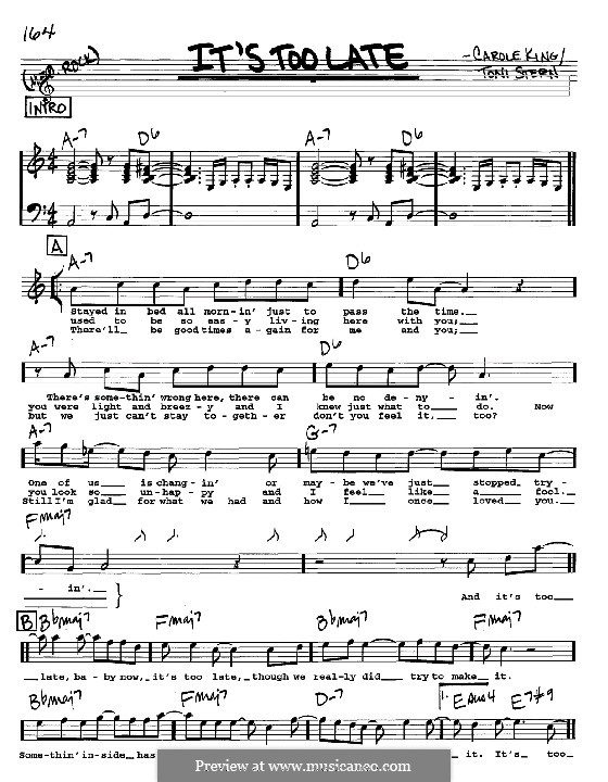 It's Too Late: melodia, letra e acordes -Instrumentos C by Carole King