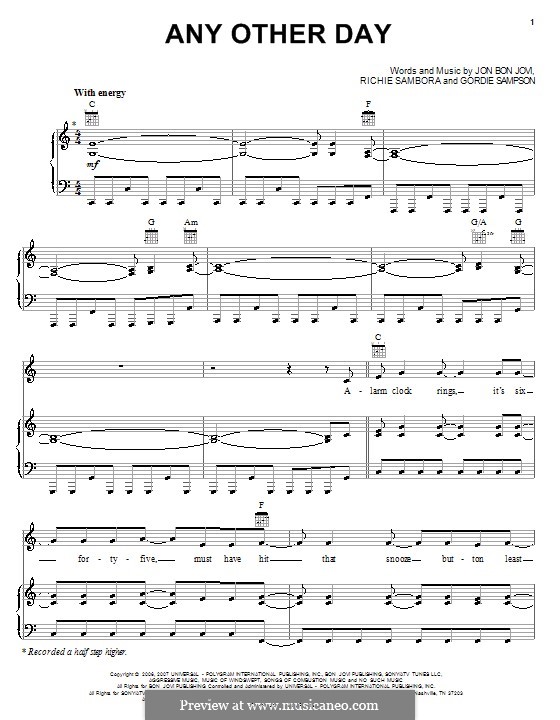 Any Other Day (Bon Jovi): Para vocais e piano (ou Guitarra) by Gordie Sampson, Jon Bon Jovi, Richie Sambora