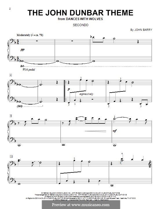 The John Dunbar Theme (from Dances With Wolves): para piano de quadro mãos by John Barry
