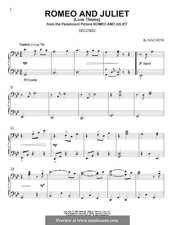 A Time for Us (Love Theme from Romeo and Juliet): para piano de quadro mãos by Nino Rota