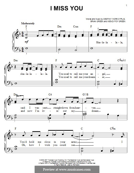 I Miss You (Hannah Montana): Facil para o piano by Brian Green, Destiny Hope Cyrus, Wendi Foy Green