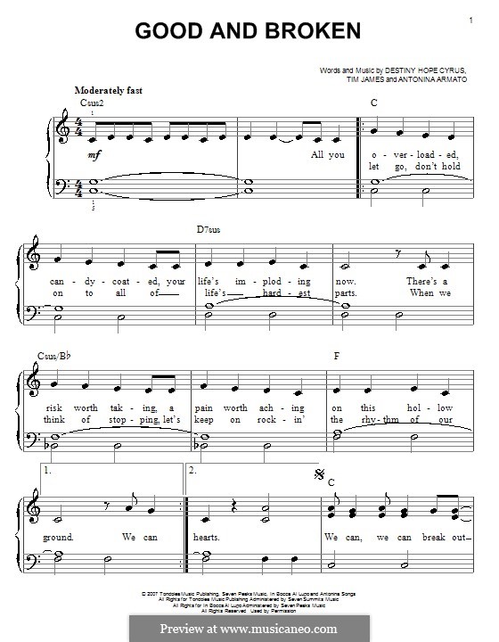 Good and Broken (Hannah Montana): Facil para o piano by Antonina Armato, Destiny Hope Cyrus, Timothy James