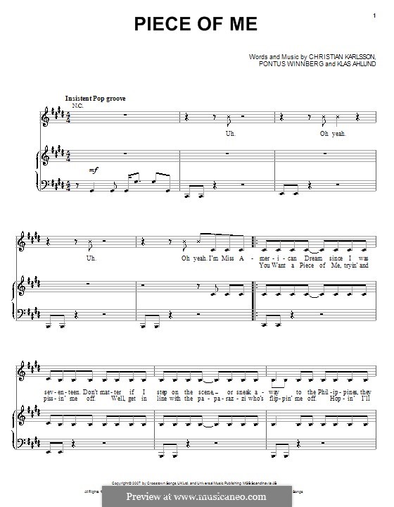 Piece of Me (Britney Spears): Para vocais e piano (ou Guitarra) by Christian Karlsson, Klas Ahlund, Pontus Winnberg