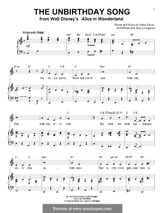 The Unbirthday Song: Para vocais e piano (ou Guitarra) by Al Hoffman, Jerry Livingston, Mack David
