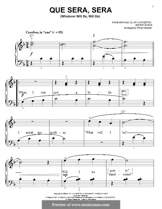 Que Sera, Sera (Whatever Will Be, Will Be): Facil para o piano by Jay Livingston, Raymond Evans