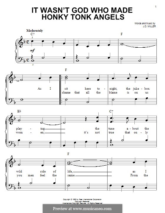 It Wasn't God Who Made Honky Tonk Angels (Patsy Cline): Facil para o piano by J. D. Miller