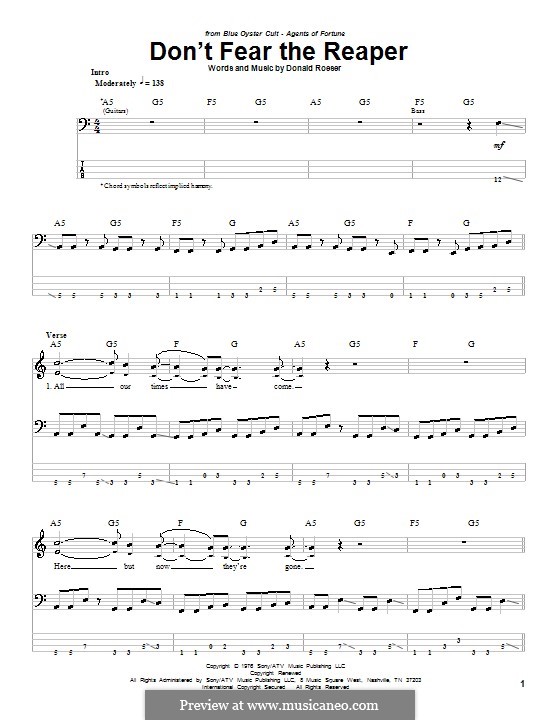 Don't Fear The Reaper (Blue Oyster Cult): For bass guitar tab by Donald Roeser