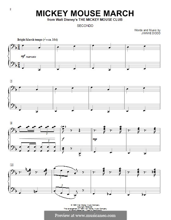 Mickey Mouse March (from The Mickey Mouse Club): para piano de quadro mãos by Jimmie Dodd