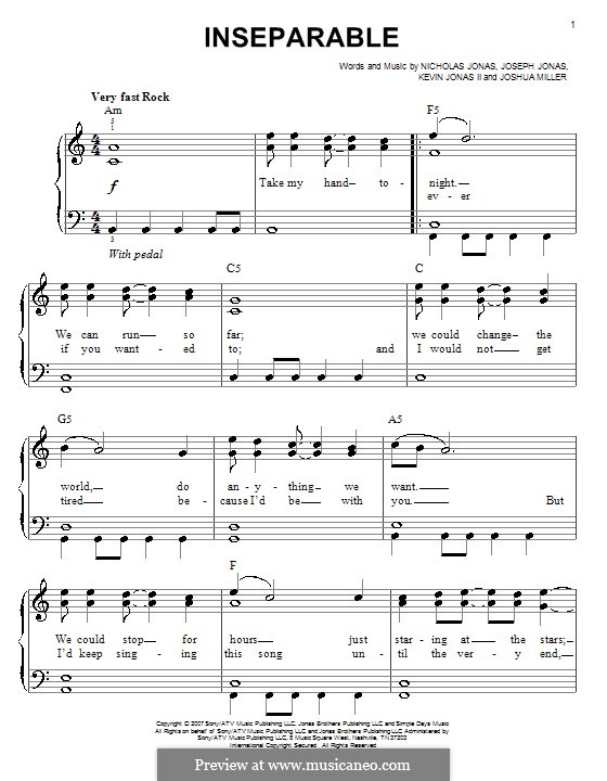 Inseparable (Jonas Brothers): Facil para o piano by Joseph Jonas, Joshua Miller, Kevin Jonas Sr., Nicholas Jonas