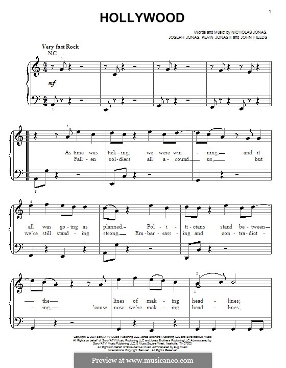 Hollywood (Jonas Brothers): Facil para o piano by John Fields, Joseph Jonas, Kevin Jonas Sr., Nicholas Jonas