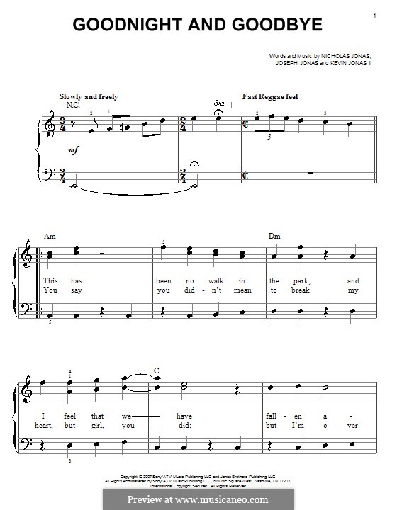 Goodnight and Goodbye (Jonas Brothers): Facil para o piano by Joseph Jonas, Kevin Jonas Sr., Nicholas Jonas