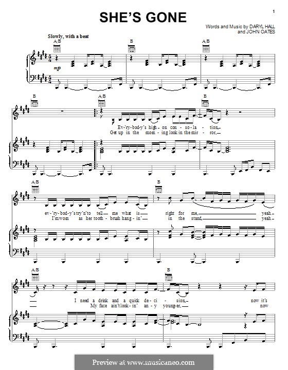 She's Gone: Para vocais e piano (ou Guitarra) by Daryl Hall, John Oates