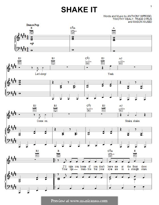 Shake It (Metro Station): Para vocais e piano (ou Guitarra) by Anthony Improgo, Mason Musso, Timothy Healy, Trace Cyrus