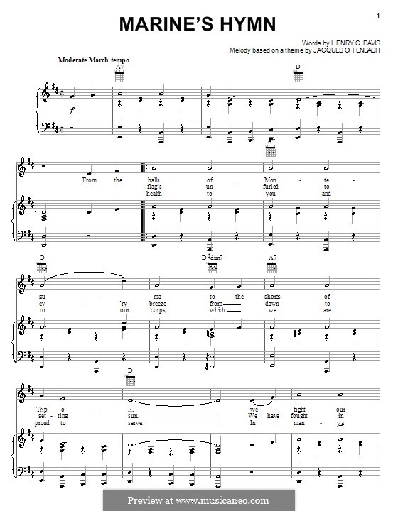 Marine's Hymn: Para vocais e piano (ou Guitarra) by Jacques Offenbach