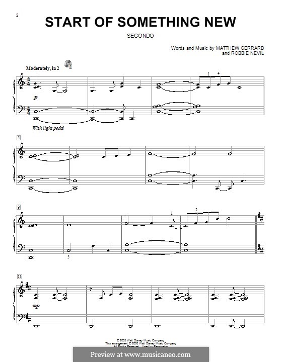 Start of Something New (from High School Musical): para piano de quadro mãos by Matthew Gerrard, Robbie Nevil