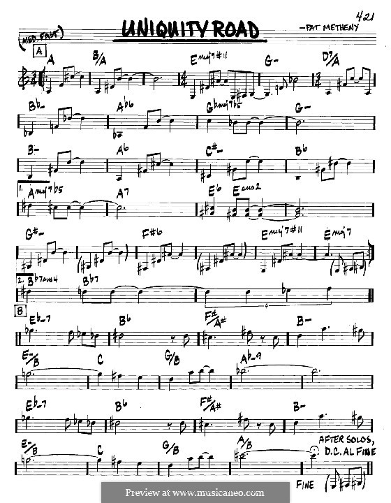Uniquity Road: melodia e acordes - Instrumentos C by Pat Metheny