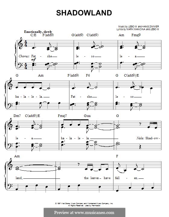 Shadowland (from The Lion King: Broadway Musical): Facil para o piano by Hans Zimmer, Lebo M