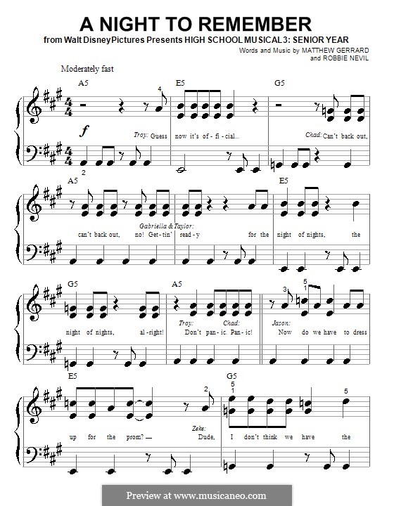 A Night to Remember (from High School Musical 3): para piano (versão facil) by Matthew Gerrard, Robbie Nevil