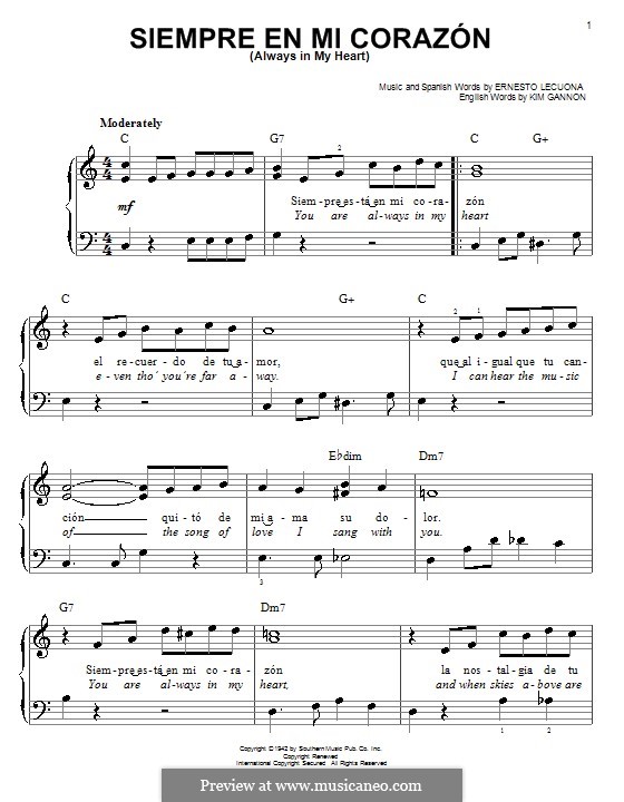 Always in My Heart (Siempre en mi Corazon): Facil para o piano by Ernesto Lecuona, Kim Gannon