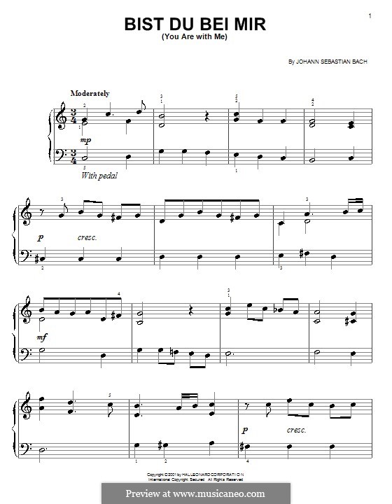 No.25 Bist du bei mir (You Are with Me), Printable scores, BWV 508: Facil para o piano by Johann Sebastian Bach