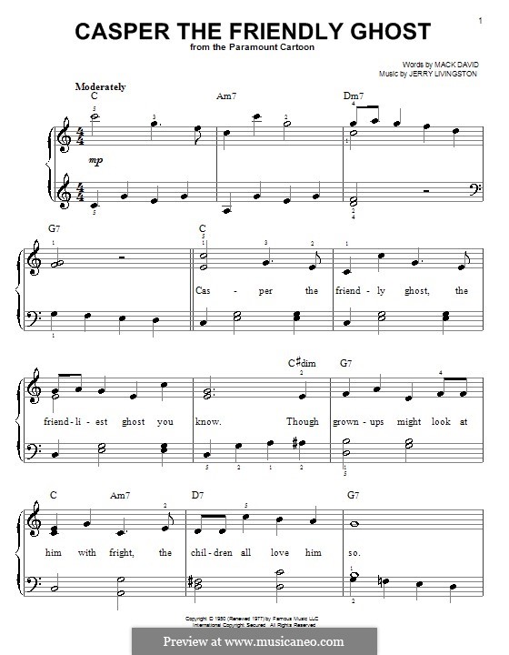 Casper the Friendly Ghost: Facil para o piano by Jerry Livingston